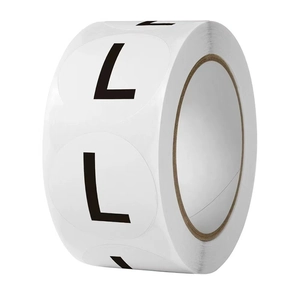 White round garment size labels roll with black L letter print for retail clothing