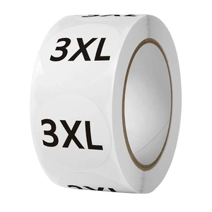 Detail of 3XL round white adhesive size labels in a roll for clothing and shoes