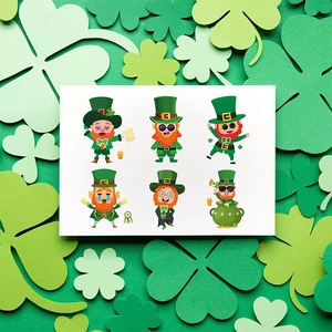 St. Patrick's Day Kobold-Aufkleber mit festlichen grünen Kleeblatt-Hintergrundkarten