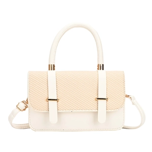 Minimalist beige woven leather crossbody messenger bag with gold hardware clasp