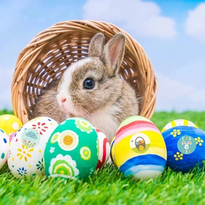 Easter rabbit and egg stickers on colorful painted eggs with a bunny in basket background