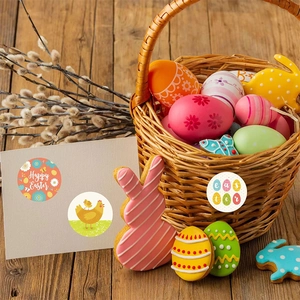 Round Happy Easter stickers with cute chick and egg designs on a rustic wooden background