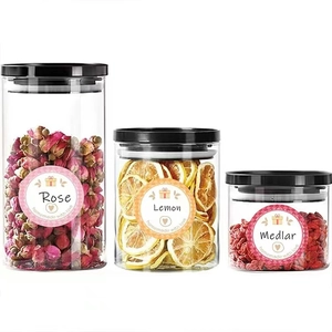 Three glass jars with 1.5-inch writable labels for homemade kitchen storage