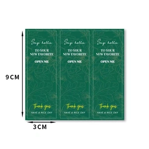 Dark green rectangular Open Me Thank You sealing stickers with gold floral pattern 3x9cm