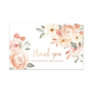 Detailed view of pink floral thank you card for small business packaging and gift decor