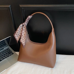 Women Minimalist PU Leather Underarm Hobo Bag With S-Letter Printed Scarf Fashion Solid Color Shoulder Bag For Commuting Daily