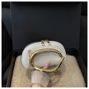 Detail of white mini round bag featuring golden oval handle and dual zipper closure