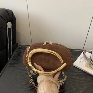 Mini round brown suede evening clutch with gold metal handle and chain strap for women