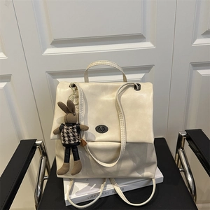 Retro cream white faux leather tote backpack with metal twist lock and cute bunny pendant
