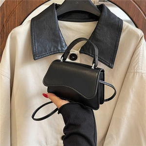 Elegant black mini handbag with curved handle and silver hardware in crossbody style