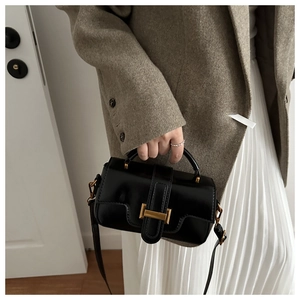 Detail of a black mini square crossbody bag with gold buckle and a curved handle