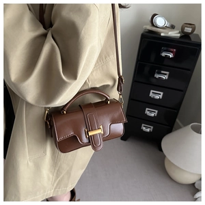 Detail of dark brown leather crossbody bag with gold hardware in an elegant home setting
