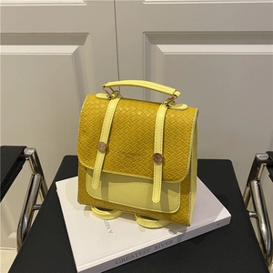 British retro yellow woven texture backpack with top handle and large capacity design