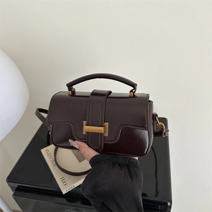 Retro dark brown crossbody bag with glossy finish and gold buckle, hand-held view
