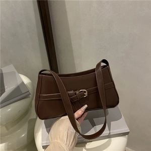 Minimalist chocolate brown faux leather shoulder bag with gold buckle and retro design