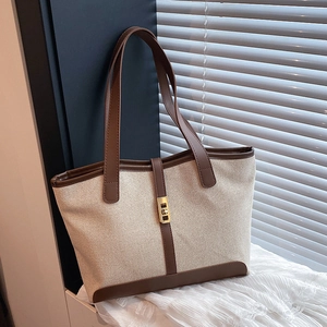 Large Capacity Canvas Spliced PU Leather Tote Bag Women Fashion Commuter Shoulder Bag With Metal Buckle Handbag