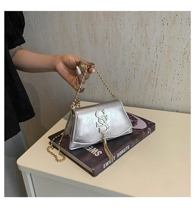 Detail of silver crinkled leather bag featuring a gold interlocking logo and chain tassels