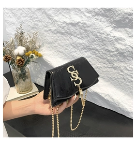 Detail of black patent leather mini bag with gold S buckle and elegant tassel chain