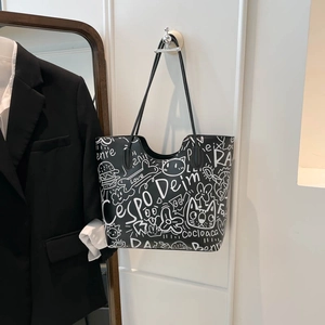 Graffiti print black tote bag with white cat illustrations and large capacity design