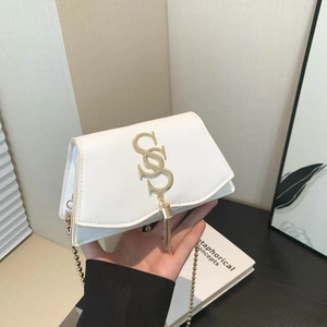 Elegant white square crossbody bag with gold S-logo, fringe detail and beaded chain strap