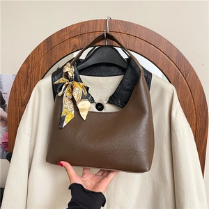 Women Lychee Pattern PU Leather Hobo Shoulder Bag With Printed Silk Scarf Crescent Underarm Bag For Daily Commute Office