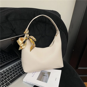 Chic beige lychee leather hobo shoulder bag with decorative vintage printed scarf