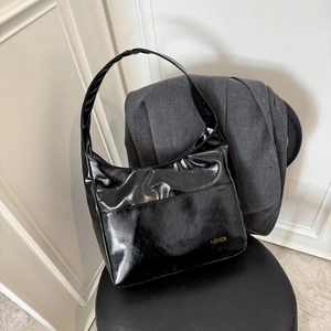 Minimalist black glossy hobo shoulder bag with fashion lettering and large capacity