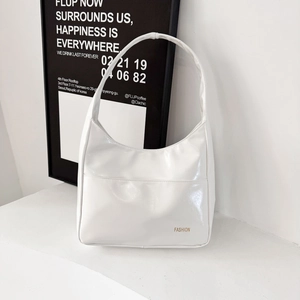Minimalist white faux leather hobo shoulder bag with fashion gold logo and front pocket