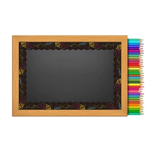 Space-themed chalkboard border stickers with neon UFO and planet patterns on black background