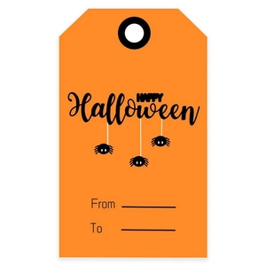 Orange Happy Halloween gift tags with hanging spider design and jute rope, set of 100