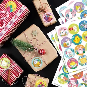 Cartoon Happy Easter stickers on gift boxes with bunny and colorful egg patterns
