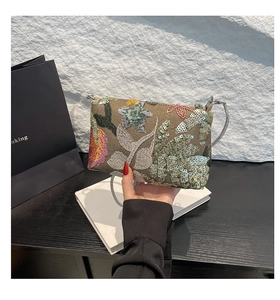 Close-up of elegant sequin embroidery and floral patterns on a stylish chain handbag