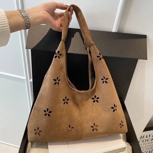 Vintage Suede-look PU Floral Hollow Out Tote Bag For Women Large Capacity Underarm Bag And Inner Pouch Daily Shoulder Bag