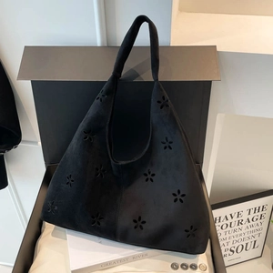 Hollow out floral black suede hobo tote bag for women with minimalist aesthetic design