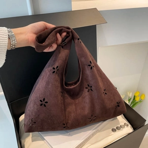 Dark brown suede petal cutout tote bag with large capacity and minimalist retro design