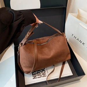 Brown suede minimalist tote bag with smooth leather handles for women's daily commute