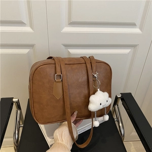 Women Vintage PU Leather Bowling Bag Large Capacity Tote Shoulder Bag Retro Commuter Handbag With Plush Cloud Charm