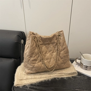Fashion Women Rhombic Quilting Tote Bag Large Capacity PU Leather Chain Shoulder Bag Urban Minimalist Casual Commuter Bag