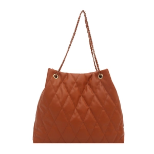 Brown quilted chain tote bag with classic diamond stitching and gold metal hardware accents