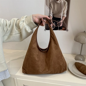 Retro brown suede hobo tote bag with a minimalist large capacity design for autumn