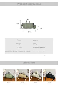 Detail view of lightweight nylon Boston bag showing dimensions and four available colors