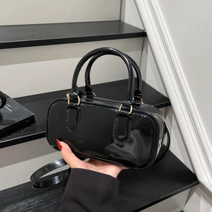 Minimalist Patent Leather Mini Boston Bag Women High Gloss PVC Shoulder Crossbody Handbag Adjustable Strap Commuting Bag