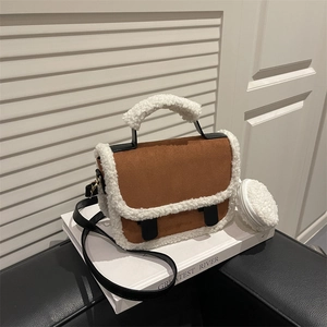 Women Retro Faux Suede Plush Trim Shoulder Bag With Round Coin Purse Autumn Winter Small Square Crossbody Bag Handbag