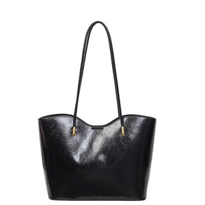 Classic black oil-wax leather tote bag with wavy top design and gold metal hardware