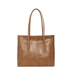 Borsa tote vintage marrone in similpelle con manici lunghi e cuciture verticali
