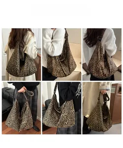 Multi-angle views of large leopard print canvas tote bag with adjustable shoulder strap