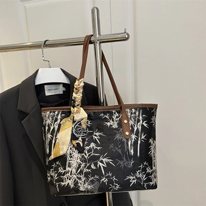 New Chinese style tote bag with bamboo print, large capacity and elegant silk scarf detail