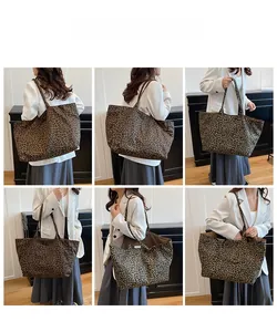 Detailed multi-angle view of large leopard print tote bag with dual shoulder straps