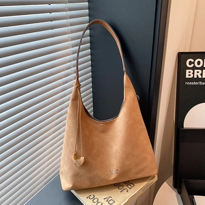 Large khaki suede tote bag with shoulder strap for women, stylish vintage daily commuter style