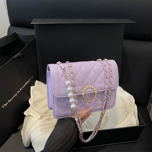 Lavender quilted chain crossbody bag with pearls and matching gift box set